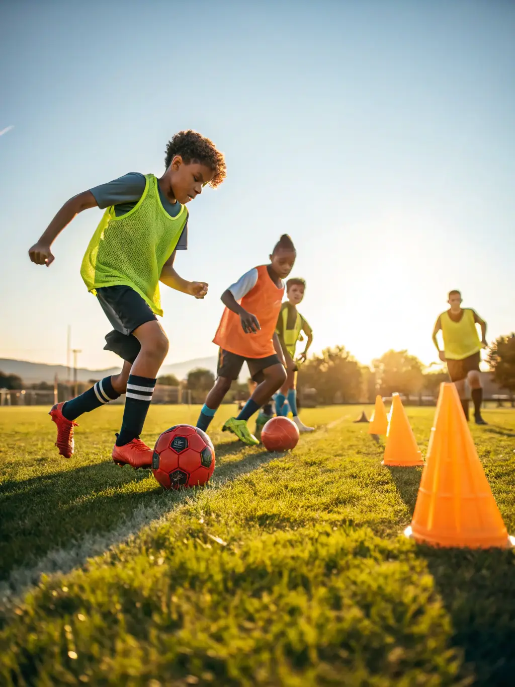 An image of teenagers participating in a soccer match on a sunny field, emphasizing physical activity and teamwork.