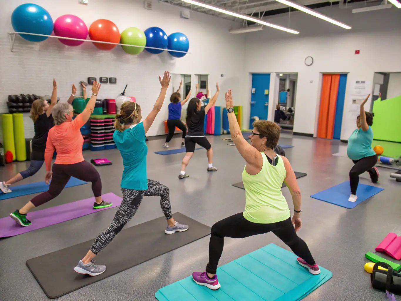 A dynamic image of adults participating in a fitness class, with an instructor leading the session and participants showing enthusiasm.