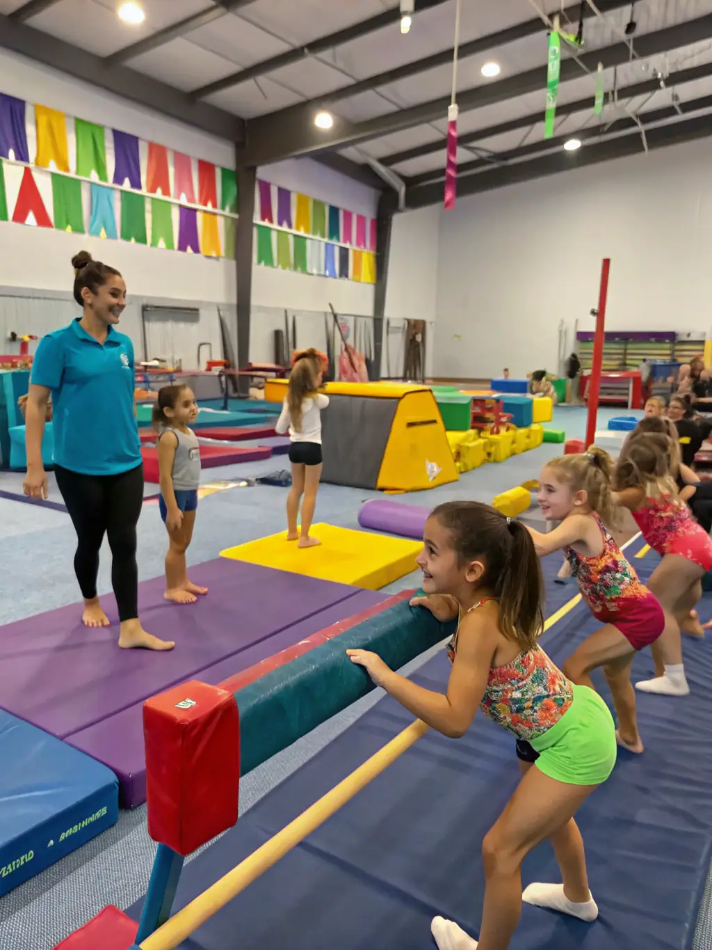 An image of children learning gymnastics, showcasing flexibility, balance, and coordination.