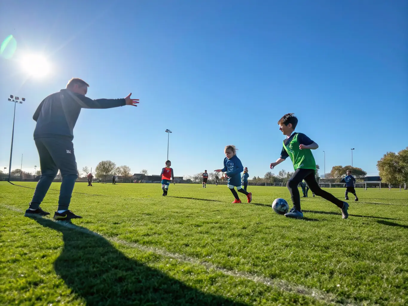 A vibrant image of young children playing soccer on a sunny field, wearing PST jerseys, with a coach guiding them.