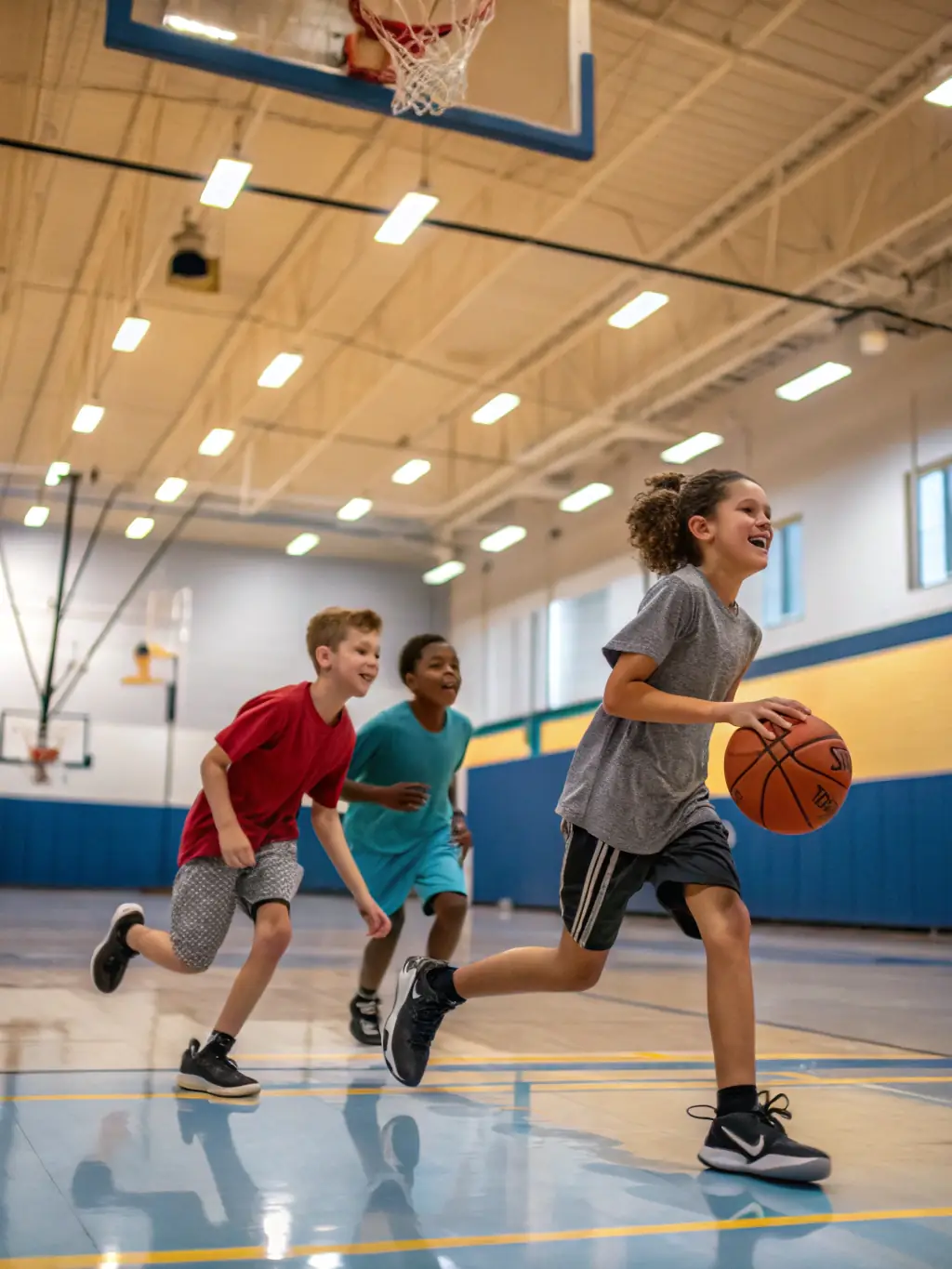 An image of young children playing basketball indoors, focusing on teamwork and skill-building.