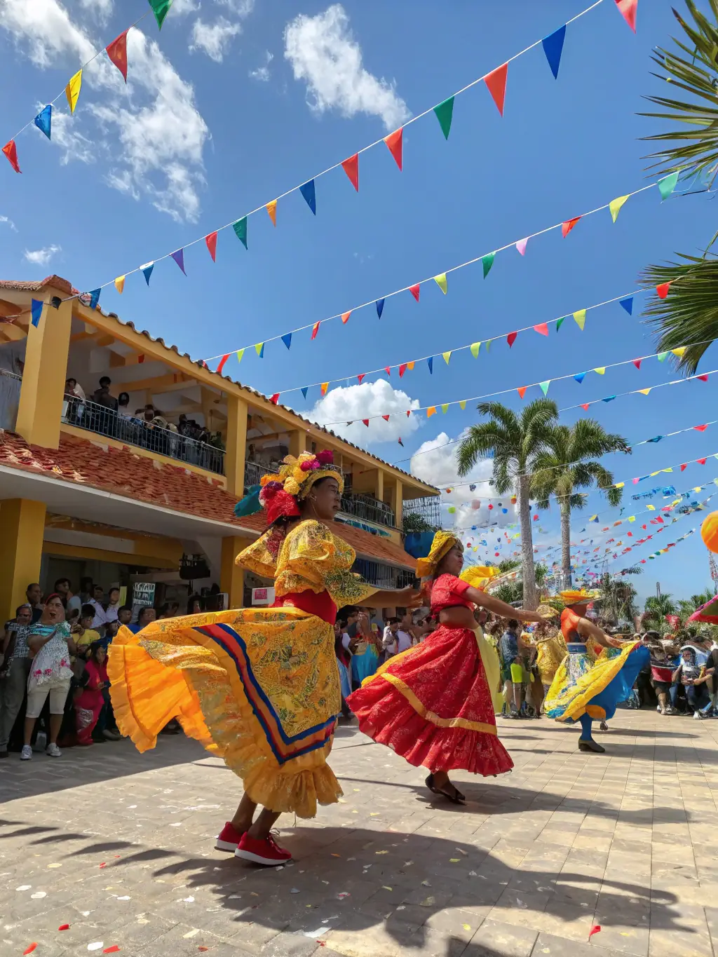 A group of dancers and cultural enthusiasts enjoying a lively Dominican dance performance during a trip, capturing the joy and cultural immersion of the experience.