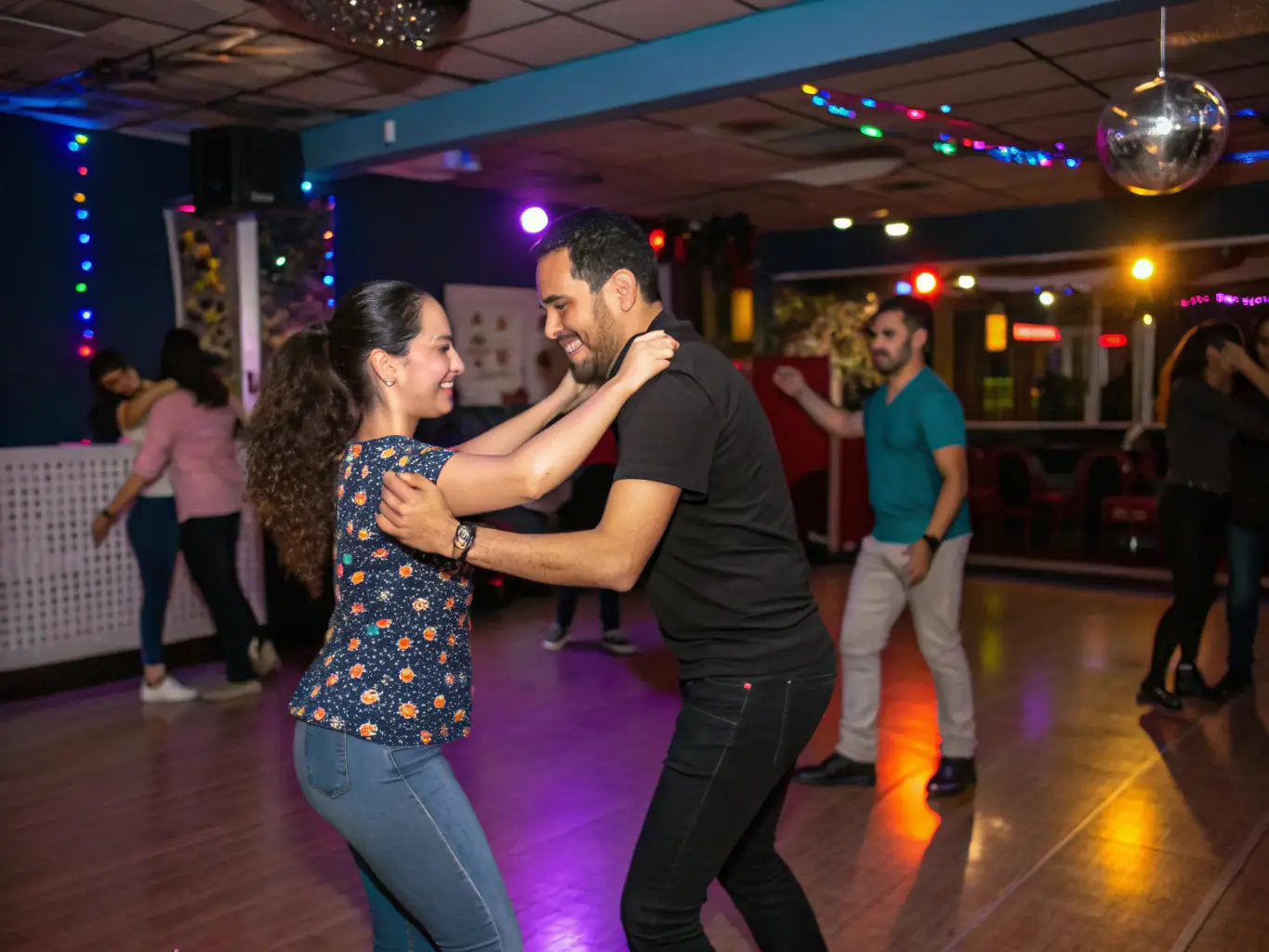 A vibrant image of a beginner bachata class in session, with students learning basic steps and partner work, showcasing the welcoming and inclusive atmosphere of La Bachata Dominicana Paris.