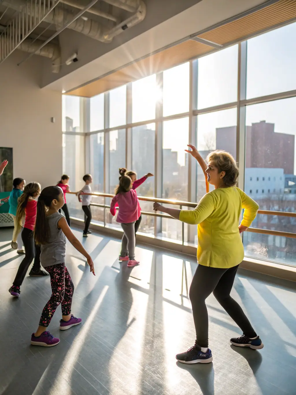 A lively dance class with students practicing bachata moves under the guidance of an instructor, showcasing the energy and community of the class.