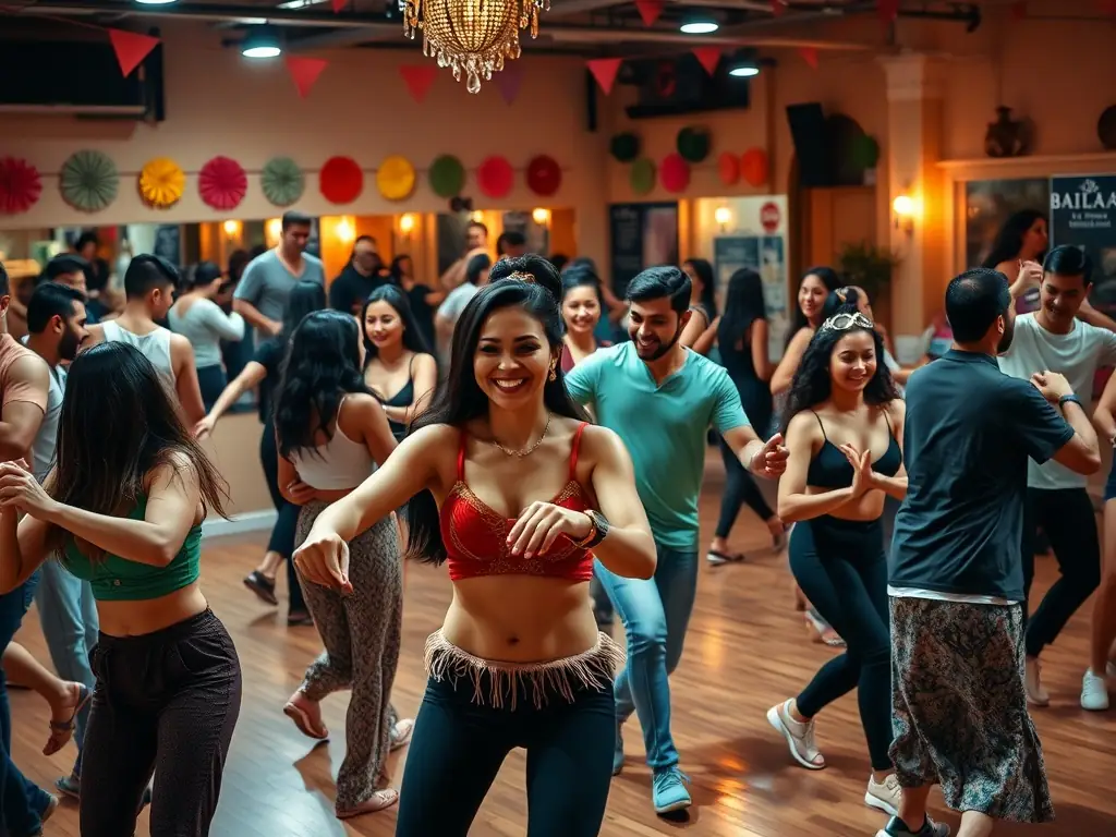 A vibrant photo of a dance class at La Bachata Dominicana Paris, showing students of various levels learning bachata steps with an enthusiastic instructor in a well-lit studio.