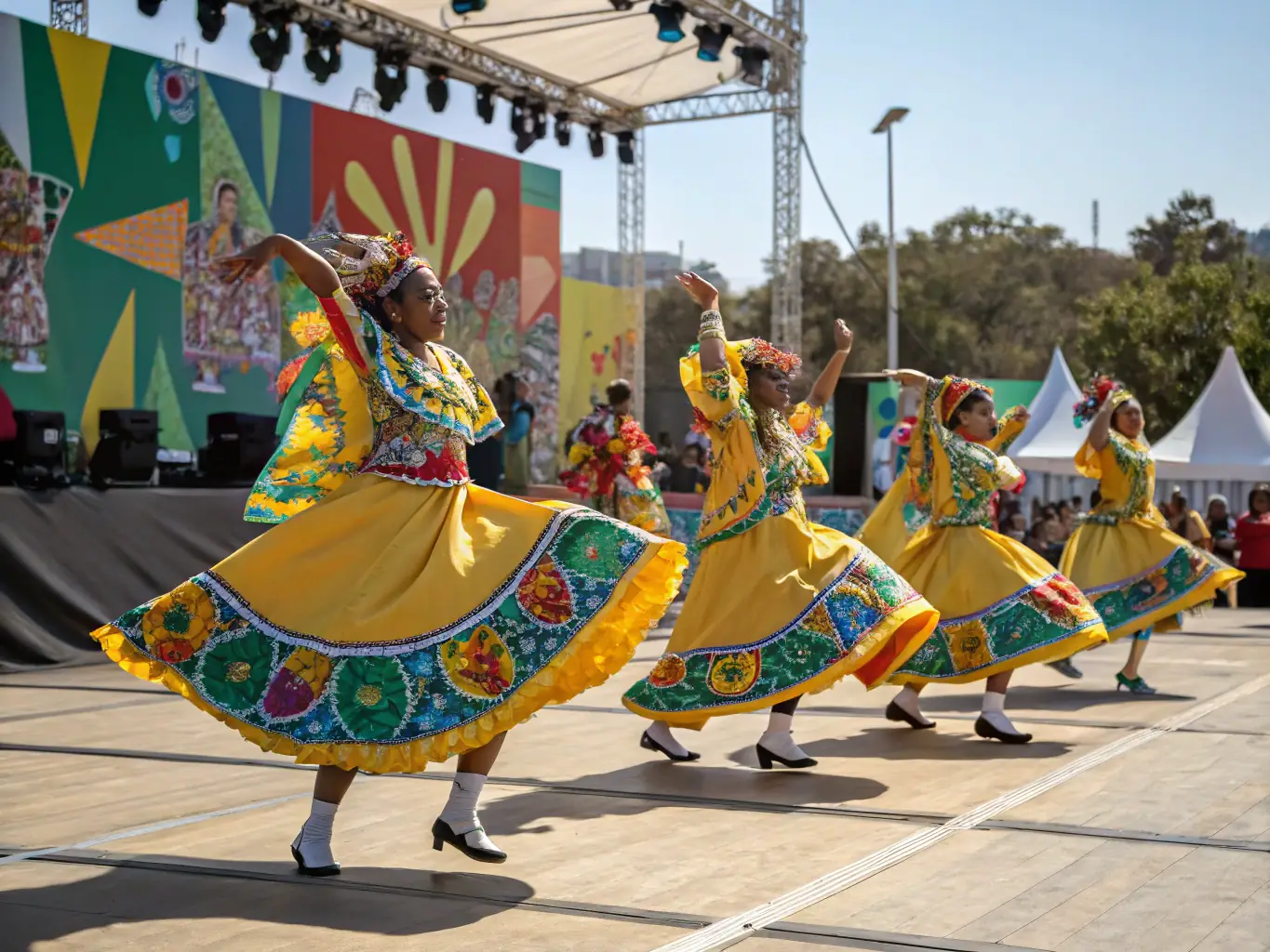 A captivating photo of a group of dancers and cultural enthusiasts enjoying a lively Dominican dance performance during a cultural trip organized by La Bachata Dominicana Paris.